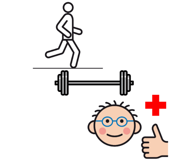 Symbolbild: Eine laufende Figur, eine Hantel, ein lächelnder Mensch mit Brille und Daumen hoch, Symbol für Gesundheit und Fitness.