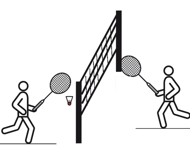Zwei stilisierte Figuren spielen Badminton an einem Netz, während ein Federball zwischen ihnen fliegt.