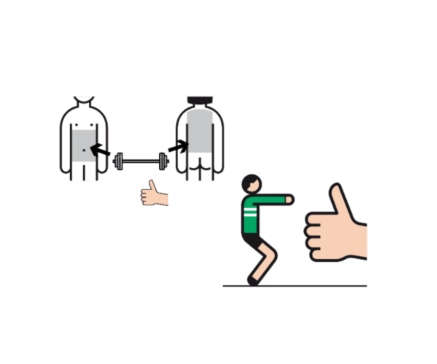 Illustration von Übungen zur Körperhaltung und Fitness, einschließlich einer Person, die eine Kniebeuge macht.