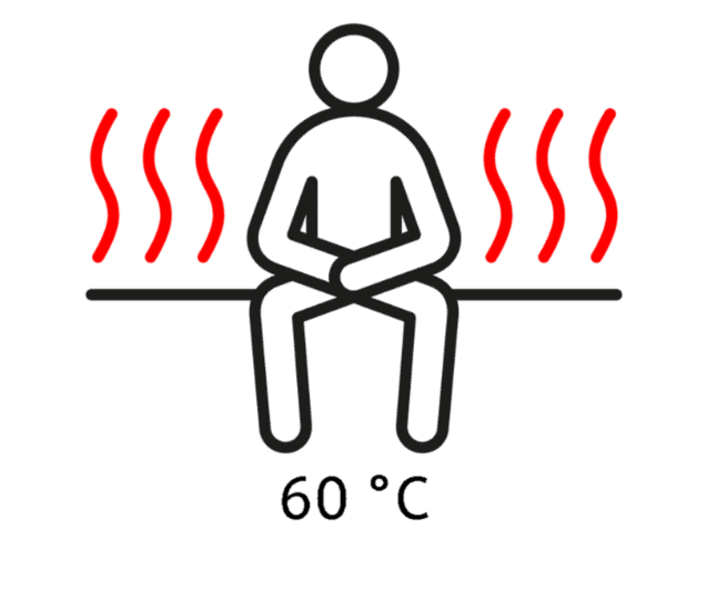 Symbolhafte Darstellung einer sitzenden Person mit Wellen, die Wärme symbolisieren, umgeben von roten Linien.