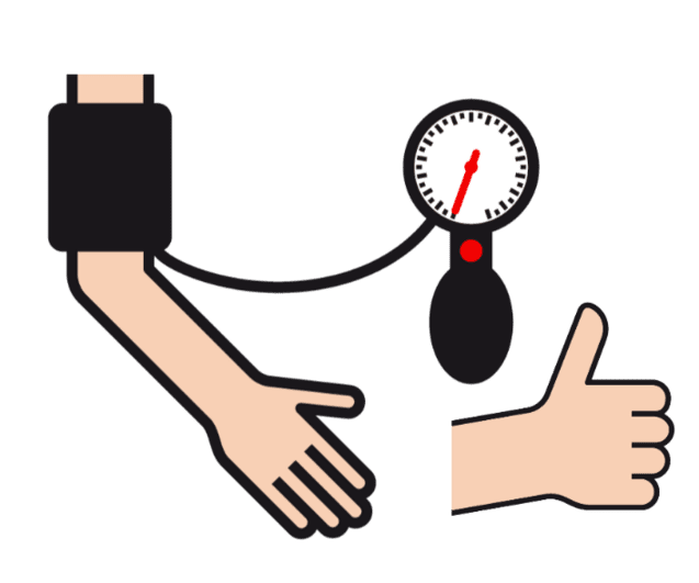 Illustration eines Oberarms mit Blutdruckmessgerät und Daumen, der ein positives Signal gibt.