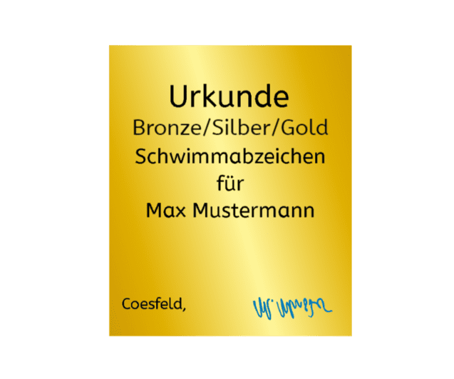 Goldene Urkunde für Schwimmabzeichen, ausgestellt für Max Mustermann, Stadt Coesfeld.