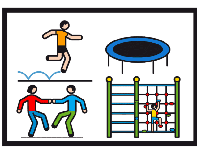 Vielfältige Spielaktivitäten: Mensch springt, Trampolin, zwei Personen tanzen, Kind klettert an einer Spielgerüst.