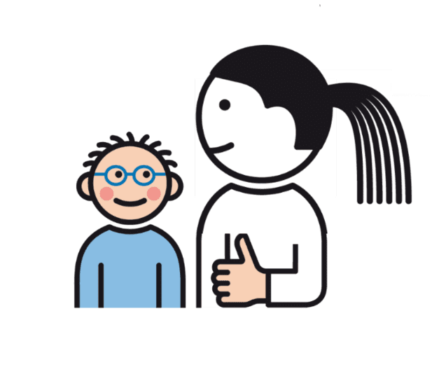 Illustration eines lächelnden Kindes mit Brille und einem Erwachsenen, der einen Daumen hoch zeigt.