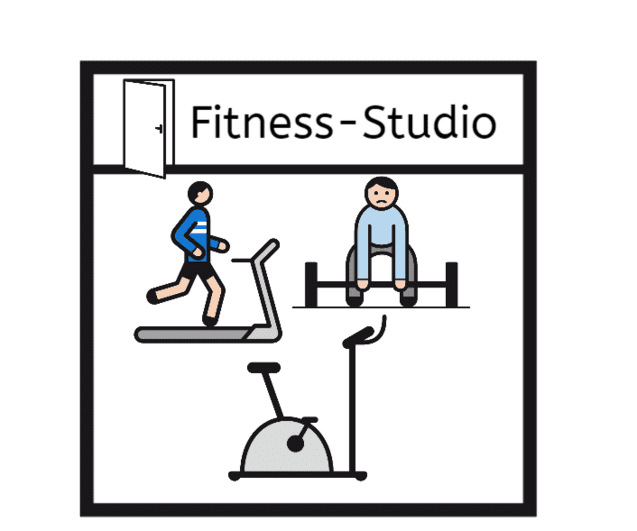 Illustration eines Fitness-Studios mit einem Laufenden auf einem Laufband, einem Gewichtheber und einem stationären Fahrrad.