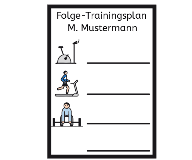 Folge-Trainingsplan mit Symbolen für Fahrradergometer, Laufband und Gewichte, benannt für M. Mustermann.