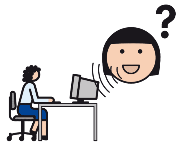 Eine Person sitzt am Schreibtisch vor einem Computer, während ein lächelndes Gesicht und ein Fragezeichen erscheinen.