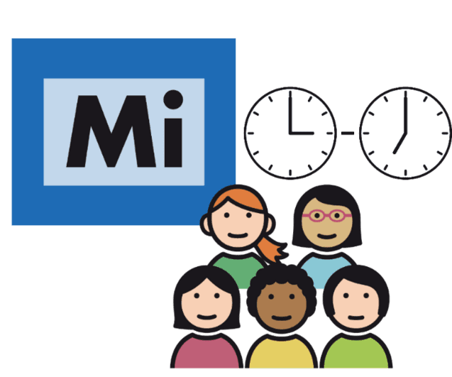 Grafik mit dem Wort "Mi", zwei Uhren und einer Gruppe von fünf cartoonhaften Personen in verschiedenen Farben.