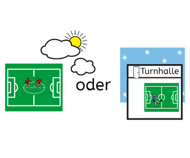 Grafik mit einem Fußballfeld im Freien sowie einer Turnhalle, die ein Innenfeld zeigt. Sonne und Wolken sind abgebildet.