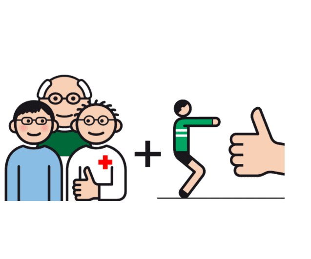 Illustration von drei Personen, darunter ein Arzt, und einer Person, die eine sportliche Übung ausführt, plus ein Daumen hoch.