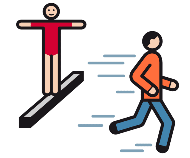 Person in roter Badebekleidung balanciert auf einem Sprungbrett, während eine andere Person in orange joggt.