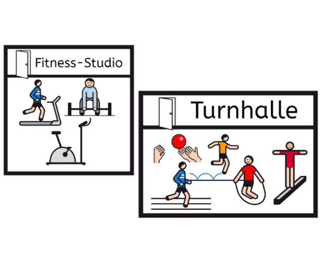 Grafik mit zwei Bereichen: links Fitness-Studio mit Geräten, rechts Turnhalle mit verschiedenen Sportaktivitäten.