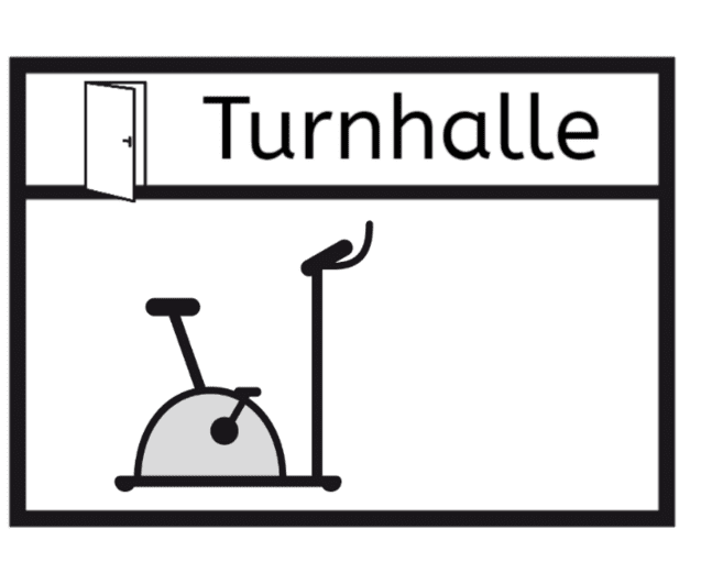 Schild mit dem Wort "Turnhalle" und einer grafischen Darstellung eines Ergometers neben einer offenen Tür.