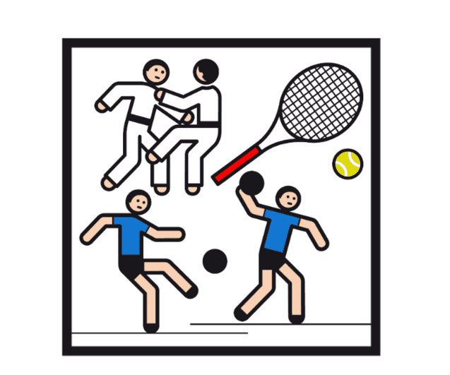 Illustration mit Sportfiguren: Judokämpfer, Tischtennisspieler und Tennisracket mit Ball.