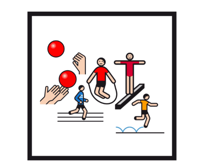 Illustration von Sportaktivitäten: Springen, Laufen, Ballspielen und Schwimmen, dargestellt durch einfache Figuren und Symbole.