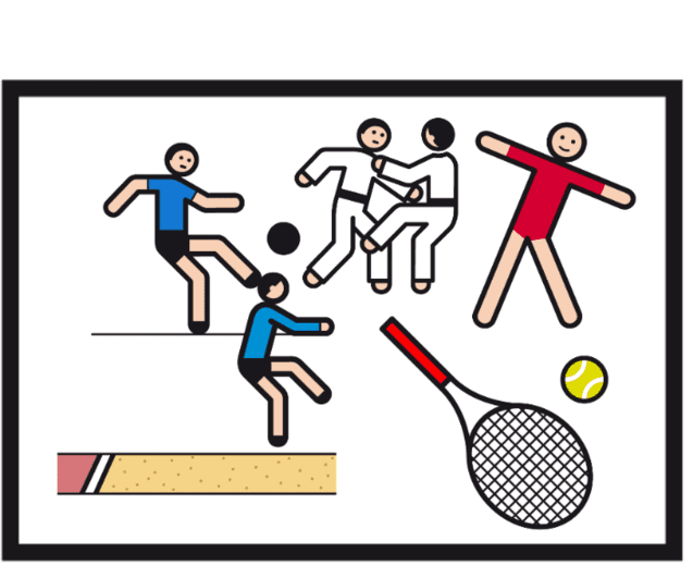 Grafik mit Sportikonen: Spieler beim Fußball, Volleyball, Basketball, ein Tennisschläger und ein Tennisball.