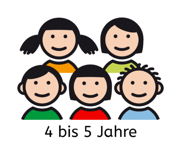 Fünf stilisierte Kinderköpfe in bunten T-Shirts lächeln in einem gruppierten Arrangement.
