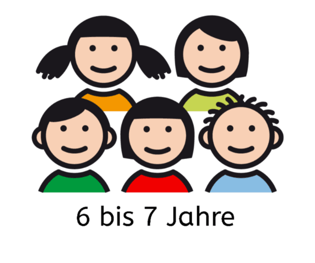 Fünf stilisierte Kindergesichter mit verschiedenen Frisuren und farbigen T-Shirts stehen lächelnd in einer Gruppe.