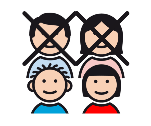 Illustration von vier stilisierten Personen, zwei überkreuzt mit einem X, darunter zwei smiling Kinder.