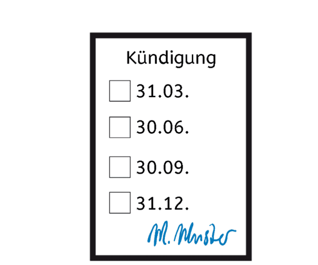 Kündigungsformular mit vier Terminen und einer handschriftlichen Unterschrift darunter.