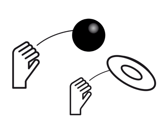 Illustration von zwei Händen, die einen fliegenden Frisbee in der Luft werfen.