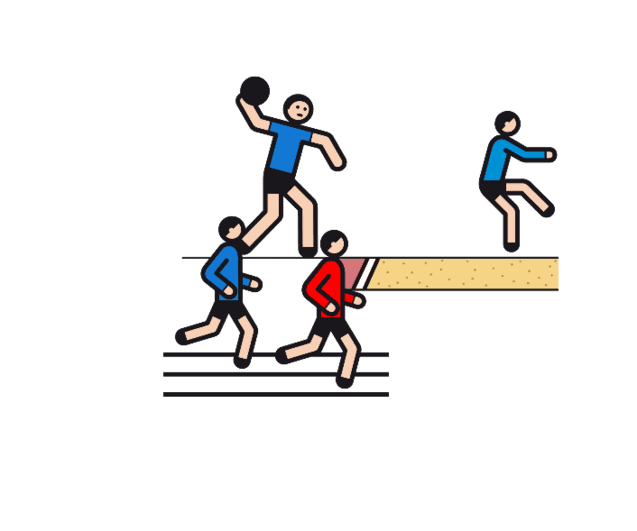Fünf stilisierte Sportler: zwei rennen, einer springt und einer wirft einen Ball in einem Wettkampf.