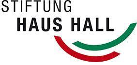 Logo der Stiftung Haus Hall mit Schriftzug und geschwungenen Linien in Rot und Grün.