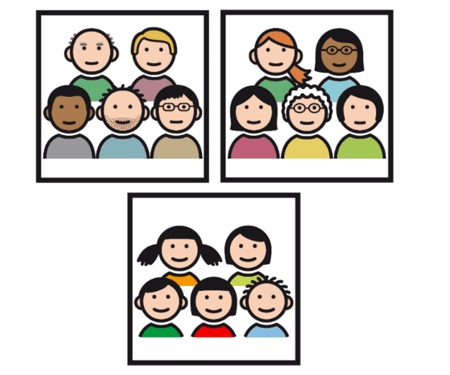 Drei Gruppen von Cartoon-Figuren, diverse Menschen mit unterschiedlichen Frisuren und Hauttönen in quadratischen Rahmen.