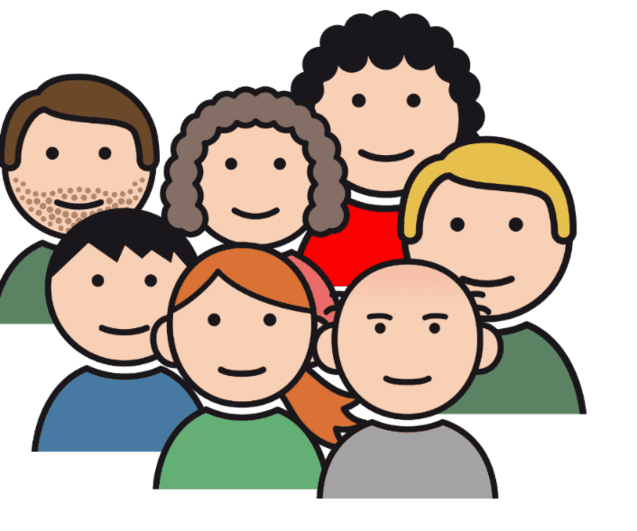 Illustration von sieben Personen mit unterschiedlichen Frisuren und T-Shirts in verschiedenen Farben, lächelnd in Gruppenansicht.