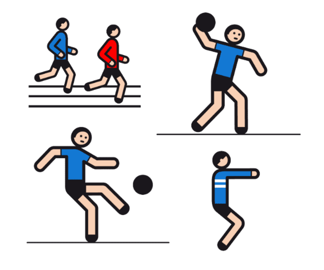 Vier ikonische Sportfiguren: zwei laufen, einer wirft einen Ball, einer kickt und einer führt eine Handlung aus.