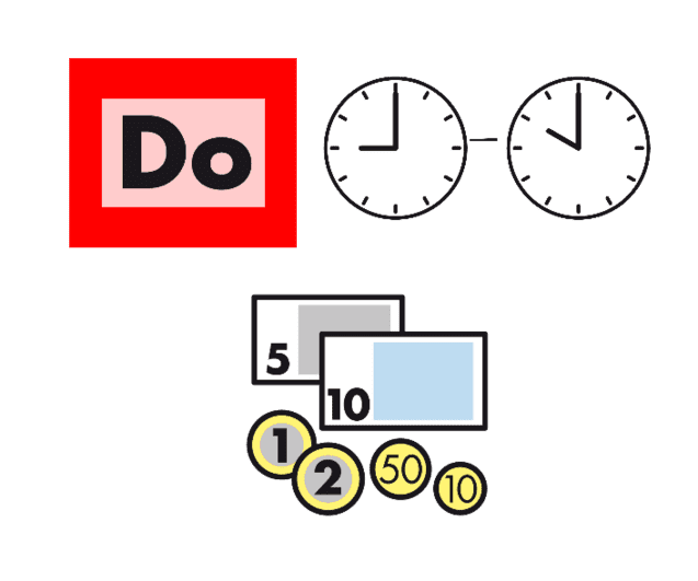 Grafik mit dem Wort „Do“ auf rotem Hintergrund, zwei Uhren, Geldscheinen und Münzen verschiedener Werte.