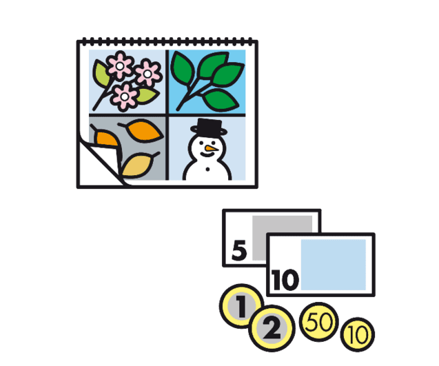 Kalenderblatt mit Blumen, Blättern und einem Schneemann, daneben Geldscheine und Münzen in verschiedenen Werten.