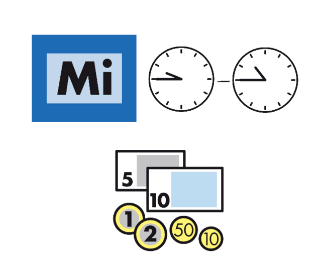 Grafik mit dem Wochentag „Mi“, zwei Uhren und verschiedenen Geldscheinen sowie Münzen in unterschiedlichen Werten.