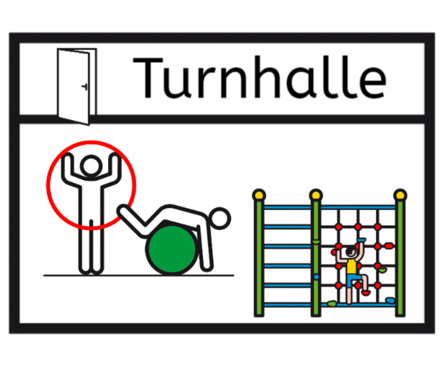 Schild mit der Aufschrift "Turnhalle", einer Figur auf einer grünen Gymnastikball und einer Person an einer Kletterwand.