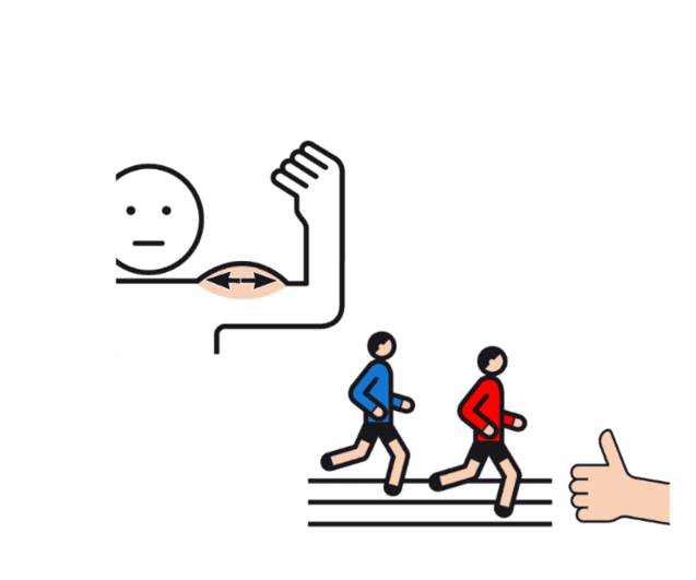 Symbolhafte Darstellung einer Person mit einem Arm, während zwei joggende Figuren in Rot und Blau vorbeilaufen.