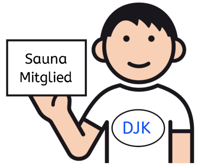 Menschliche Figur mit T-Shirt und dem Text „DJK“ hält ein Schild mit der Aufschrift „Sauna Mitglied“.