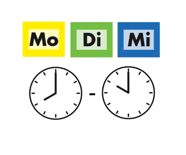 Farbenfrohe Wochentagskästen "Mo", "Di", "Mi" über zwei analogen Uhren, die unterschiedliche Uhrzeiten anzeigen.