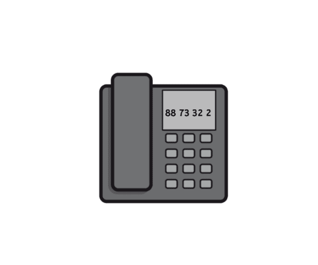Grafik eines grauen Festnetztelefons mit einer sichtbaren Nummernwahl und dem Display, das „88 73 32 2“ anzeigt.