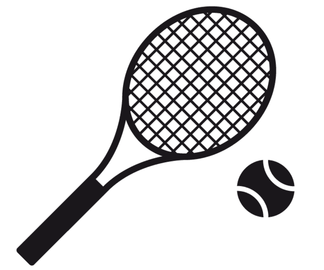 Schwarz-weiße Grafik eines Tennisschlägers mit Ball neben dem Schläger.