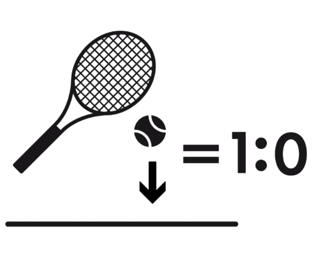 Grafik eines Tennisschlägers, der einen Ball trifft, mit dem Score 1:0 neben den beiden.