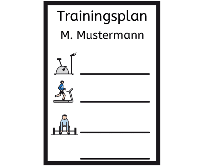 Trainingsplan mit Illustrationen für Übungen: Fahrrad, Laufband und Gewichtheben, mit Zeilen für Notizen.