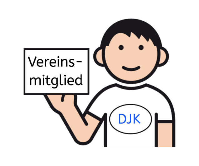 Illustration einer Person in T-Shirt mit „DJK“, die ein Schild mit der Aufschrift „Vereinsmitglied“ hält.