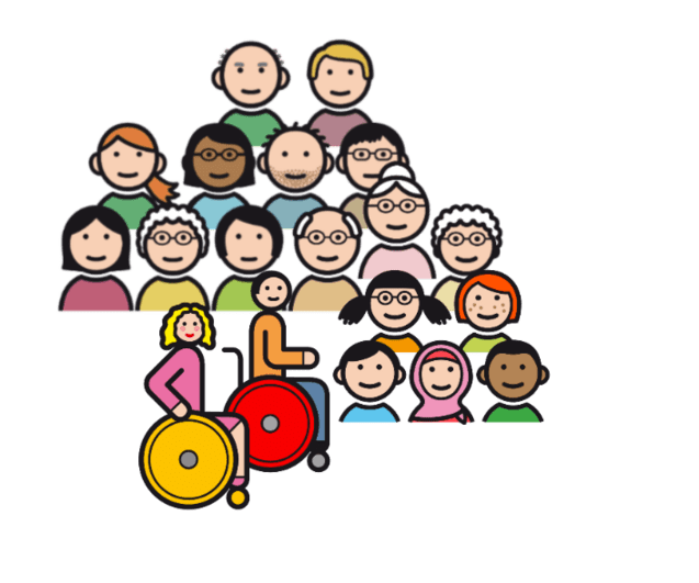Illustration einer vielfältigen Gruppe von Menschen, darunter auch eine Person im Rollstuhl, die gemeinsam posiert.