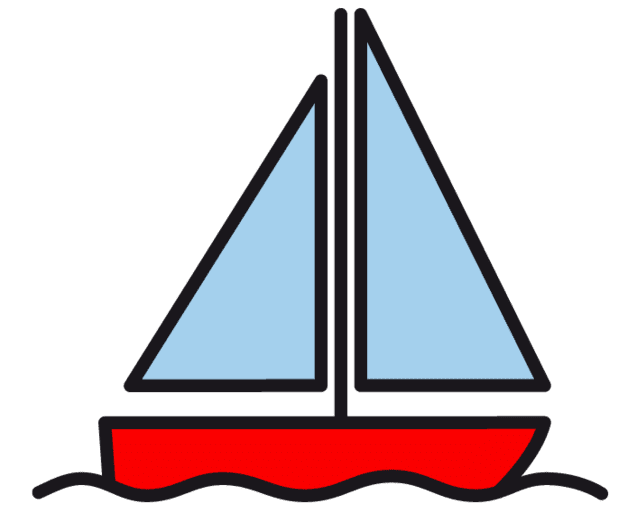 Grafik eines Segelboots mit blauen Segeln und rotem Rumpf, auf stilisierten Wellen dargestellt.
