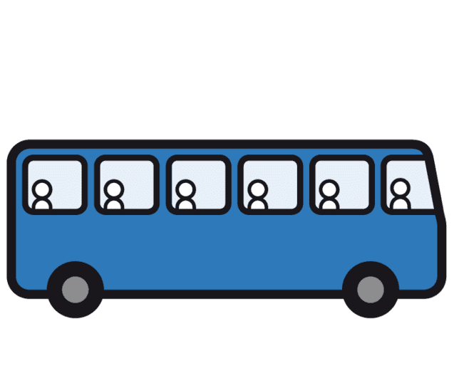 Illustration eines blauen Busses mit sechs Personen in den Fenstern.