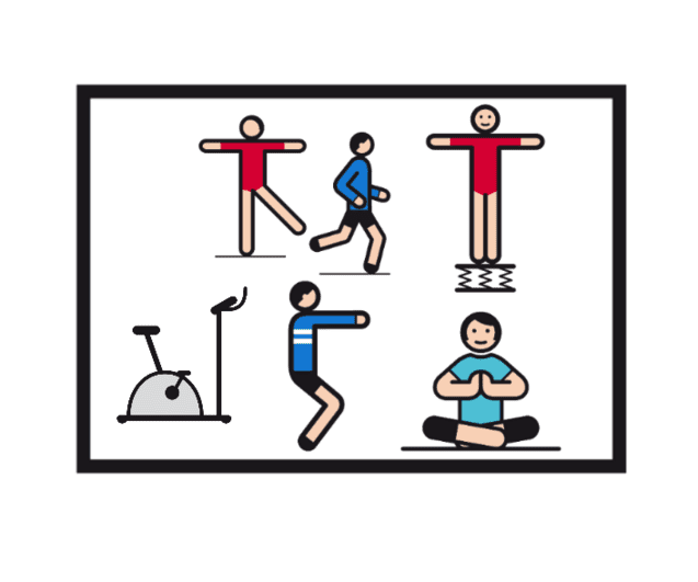 Verschiedene blaue und rote Figuren, die Sportarten wie Joggen, Radfahren und Meditation darstellen.