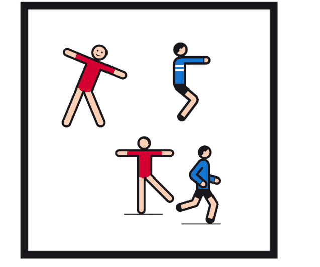 Viertel-Illustration von vier stilisierten Figuren in Bewegung, gekleidet in farbige Sportbekleidung.