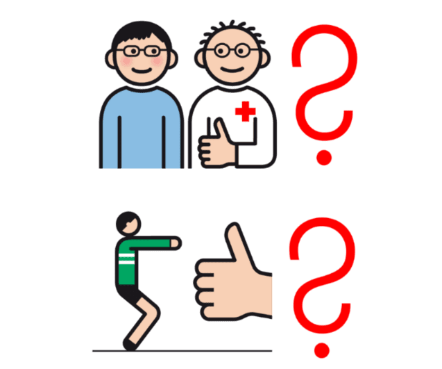 Zwei Emojis: ein Mensch mit Brille neben einem Arzt, darunter ein weiterer Mensch in Bewegung mit Daumen hoch.