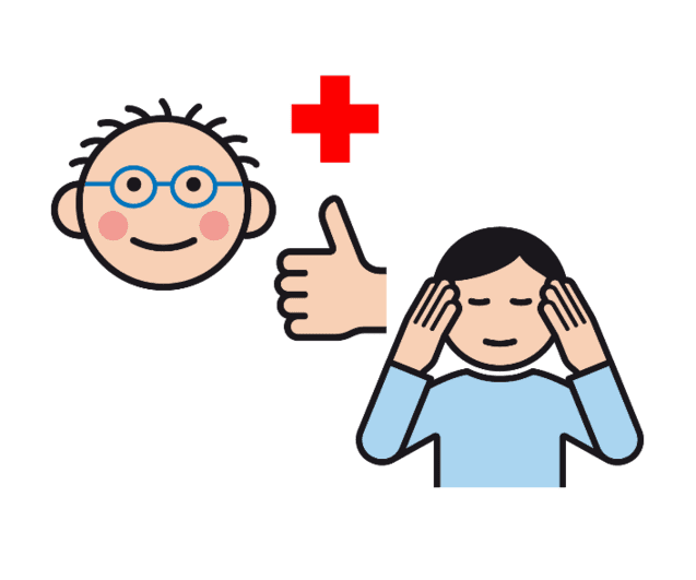 Grafische Darstellung eines lächelnden Gesichts mit Brille, Daumen hoch und einer Person mit Händen am Kopf.