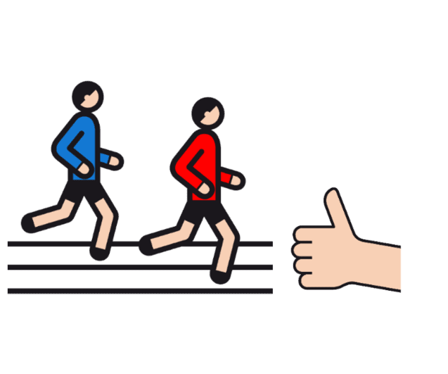 Zwei stilisierte Läufer in Blau und Rot, die auf einer Strecke joggen, neben einem Daumen hoch.